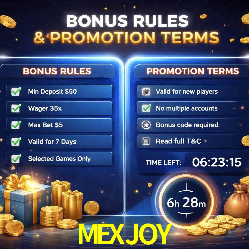 Reglas de promoción MEXJOY y condiciones de bonos explicadas visualmente