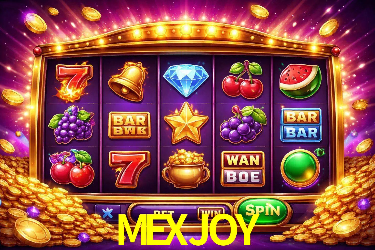 Una interfaz colorida de tragamonedas en línea con símbolos brillantes, monedas y un efecto de victoria celebratoria en MEXJOY.