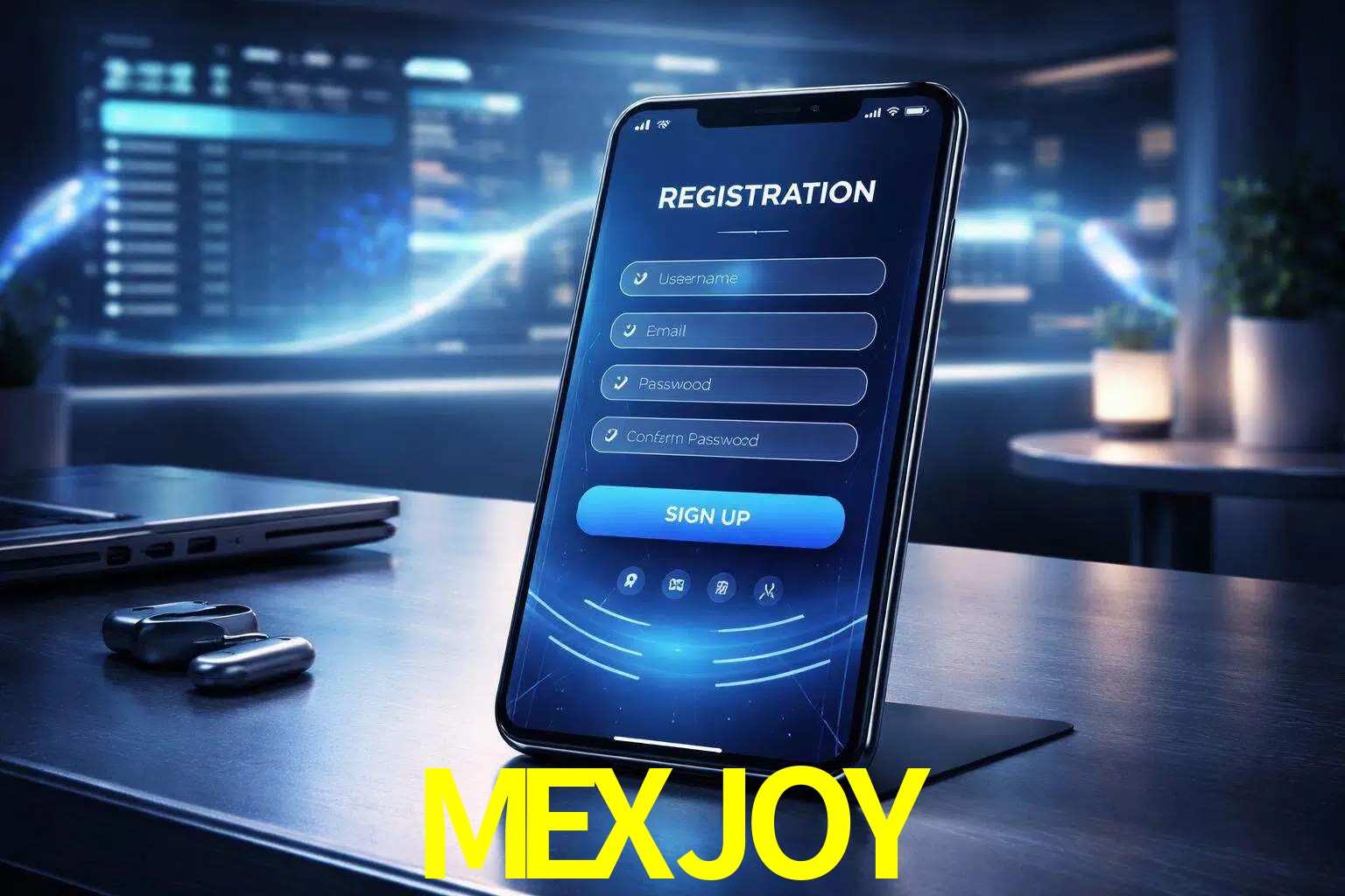 Una interfaz moderna de registro móvil para MEXJOY mostrada en un smartphone con un panel de apuestas elegante.